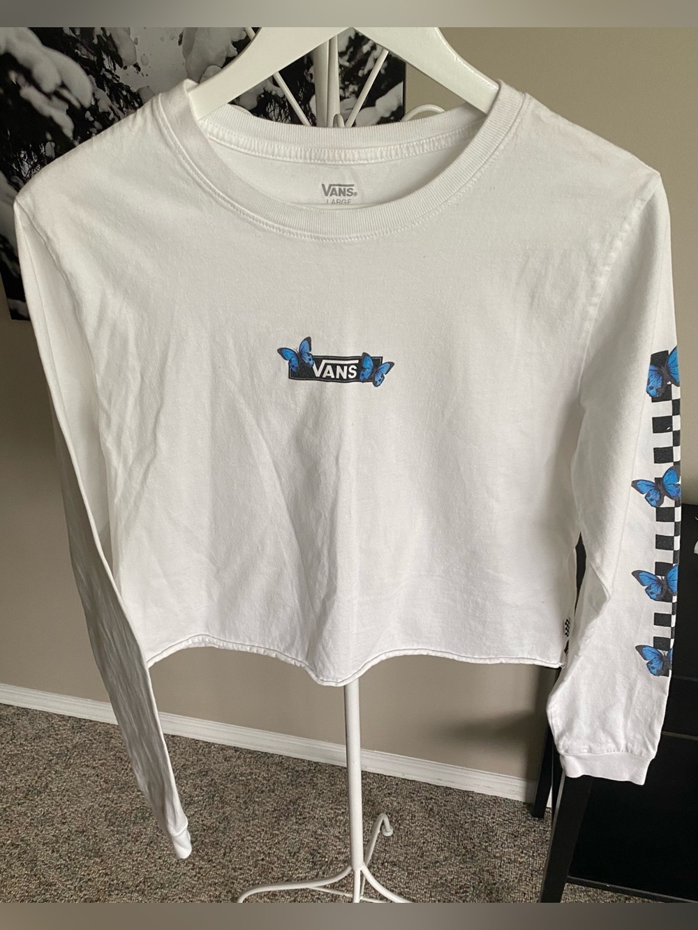 Woman’s Vans White Cropped Long Sleeve Tee with Blue Butterfly & Checker Sleeve
